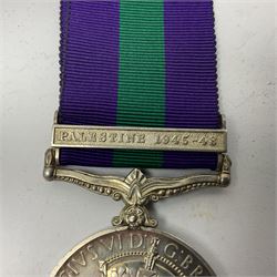 George VI General Service Medal with Palestine 1945-48 clasp awarded to 19150916 Gnr. G. Stewart R.A.; with ribbon