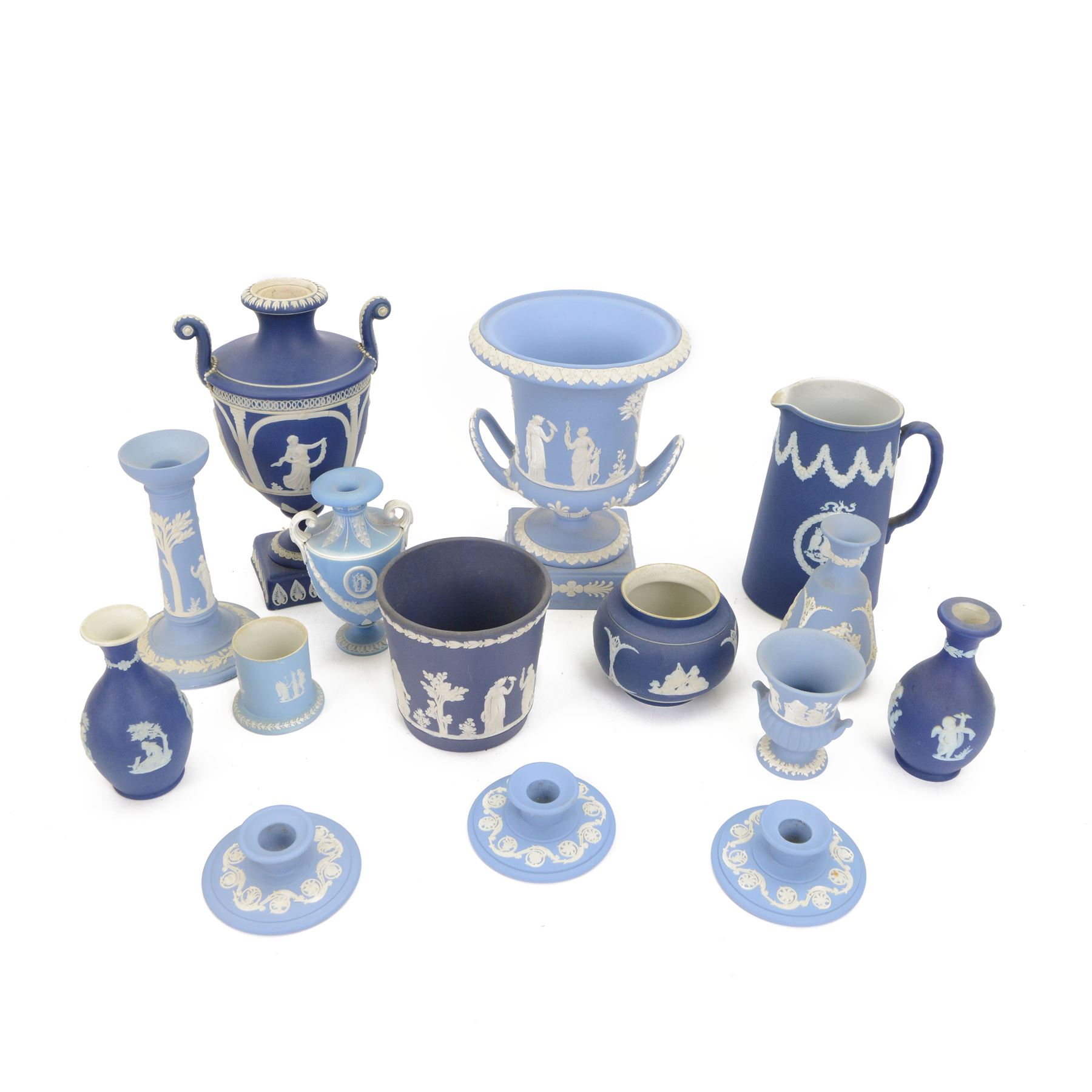 Wedgwood Jasperware twin handled vase with fluted rim, together with Tunstall jasperware twin handled urn and other jasperware 