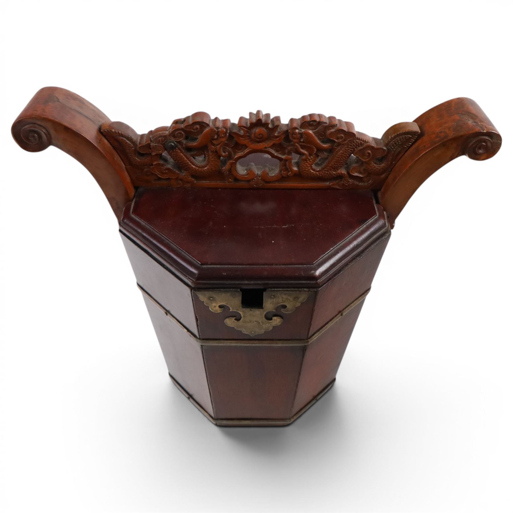 19th century Chinese red lacquer wedding basket, with a carved handle in the form of dragons, H25cm