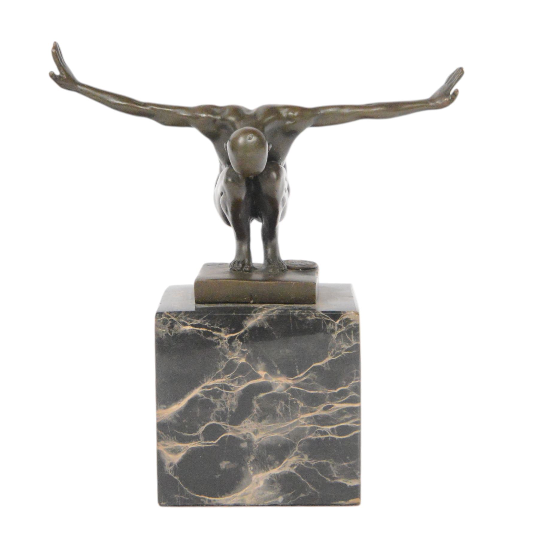 After Miguel Fernando Lopez Power of Silence, modelled as a athlete crouched with arms outstretched, signed Milo, upon a marble plinth, H15cm