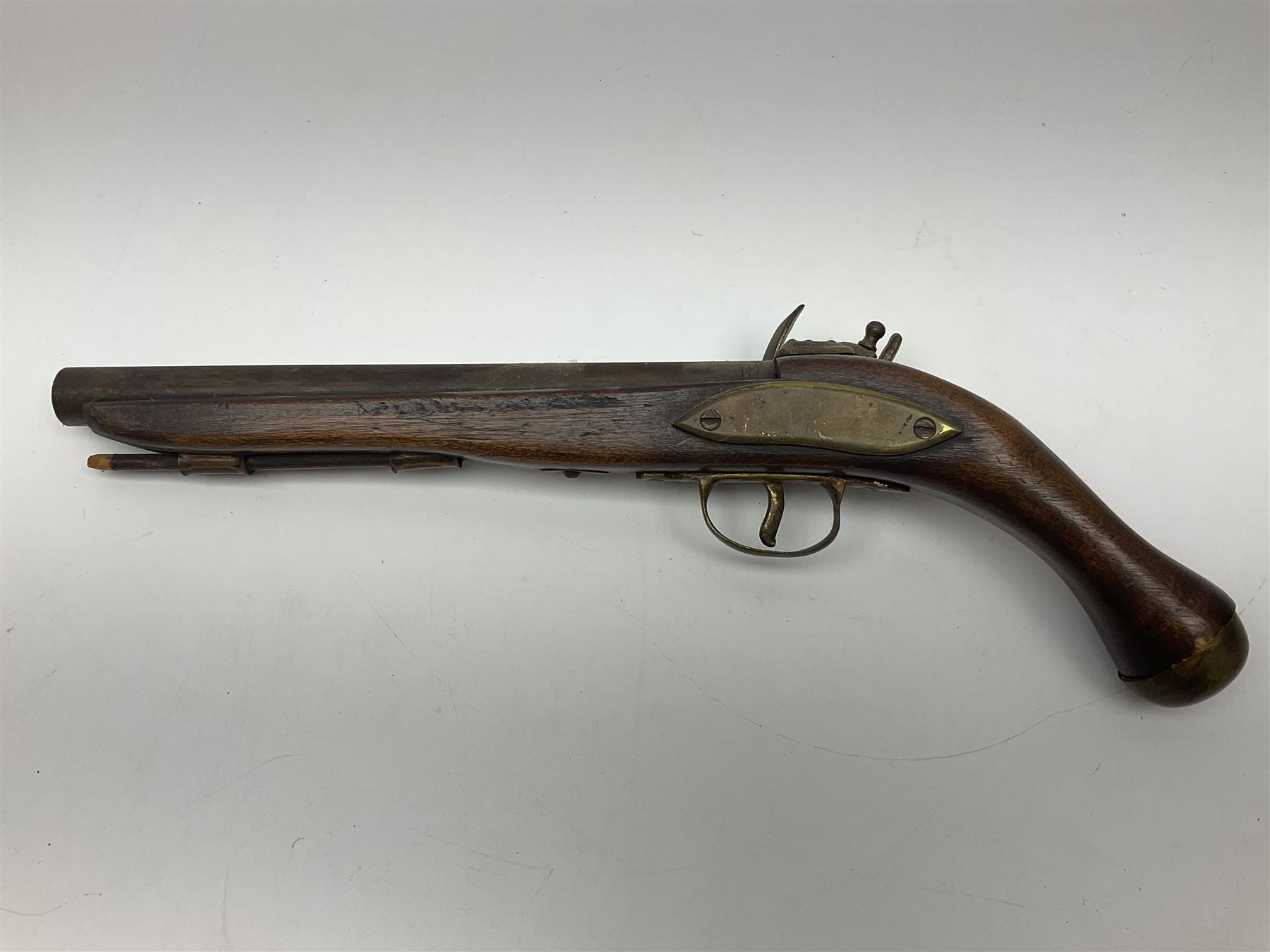 Leather covered swagger/sword stick with 40cm steel blade L62cm overall; another ash sword stick with 30cm diamond section steel blade; pair of fencing foils, the blades marked Solingen; two reproduction flintlock pistols; and 92cm inert cartridge belt (7)