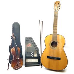 Skylark childs violin and bow, case, together with two other bows, an acoustic guitar and German Auto-Harps zither with floral decoration.   
