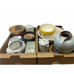 Group of assorted ceramics, to include planters of various size and form including two white glazed examples modelled as elephants, a Royal Doulton 'bough pot' type planter, West German jug, etc., in two boxes 