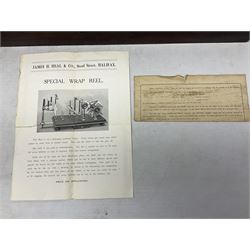 Early 20th century worsted spinners walnut and brass twist tester by J.H. Heal Maker Halifax L61cm; in original box with paperwork