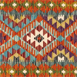 Afghan kilim amber ground runner rug, decorated a central column of repeating lozenge designs in multicolours with concentric geometric motifs, enclosed by an amber guard band with repeating diamond design