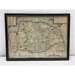 William Kip (British fl. 1588-1635) after Christopher Saxton (British 1540-1610): 'Norfolicæ comitatus quem oli icenci' Norfolk, engraved 17th century map with hand-colouring 27cm x 39cm