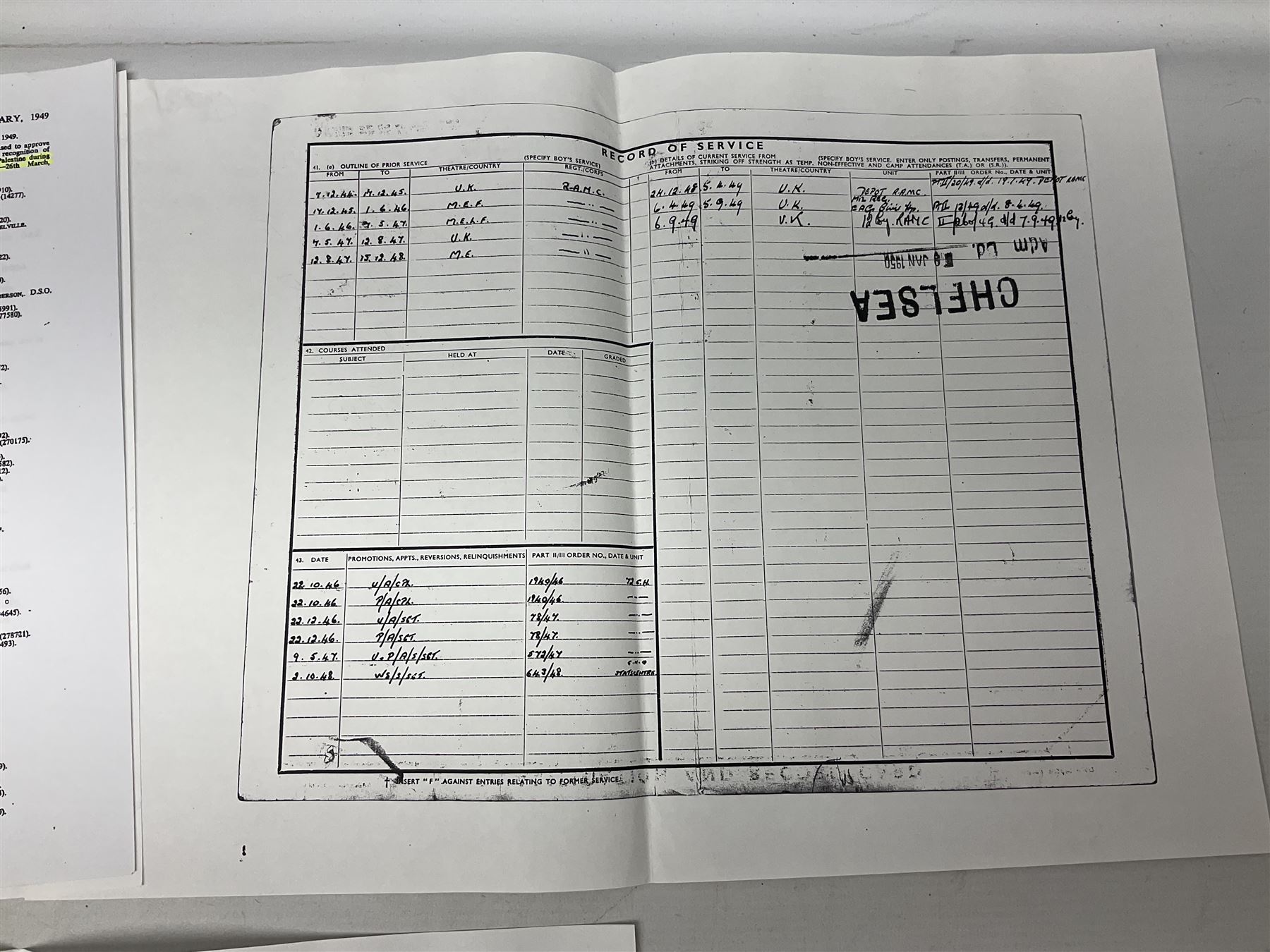 George VI General Service Medal with two clasps for Palestine 1945-48 and Cyprus and MID oak leaf awarded to 14887162 Sjt. C.F.A. Lloyd R.A.M.C. together with WW2 War Medal 1939-1945; both with ribbons; and quantity of photocopied research material including Army Records and London Gazette