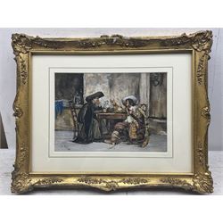 Philippe Pavy (French 1860-c1920): Two Gentlemen in Conversation, watercolour heightened with white signed and dated 1887, 17cm x 24cm