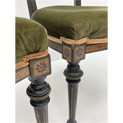 Set three late Victorian salon side chairs, ebonised frames inlaid with amboyna wood, with applied brass beading, turned and fluted supports with gilt detail