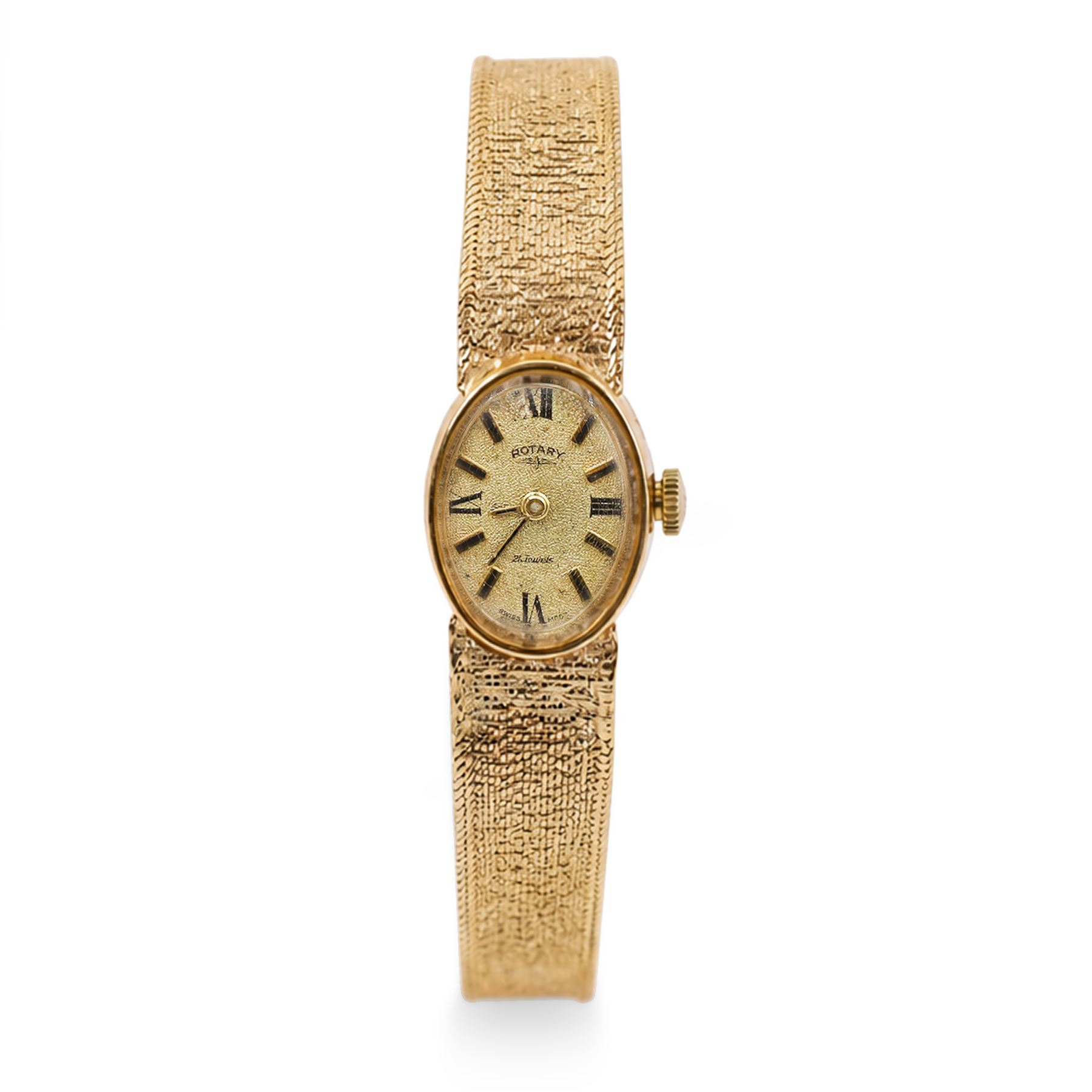 Rotary ladies 9ct gold manual wind wristwatch, gilt dial with baton and Roman numeral hour markers, back case engraved with initials and dated, on integral 9ct gold bracelet, hallmarked