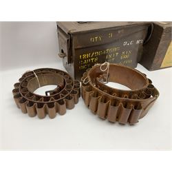 Miscellaneous shooting accessories - W.J. Bowman & Sons clay pigeon launcher; two leather cartridge belts; three cartridge bags; two canvas/leather game bags; and two metal/wooden cartridge boxes