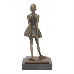 After Edgar Degas, Ballerina bronze figure modelled as a young female dancer, signed Deyas, raised upon a rectangular base, H20cm