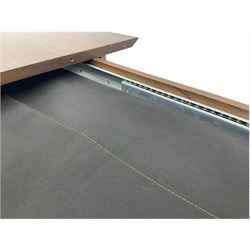 Bentley Designs - Premier collection 'Oslo' contemporary walnut extending dining table and six chairs upholstered in steel grey fabric. 