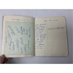 Football signatures - school exercise book as an autograph album containing stuck down leaves from an earlier album with team signatures for the 1946-47 season including Arsenal (18), Aston Villa (15), Blackburn Rovers (11), Blackpool (11), Chelsea's John Harris and Stoke City's Neil Franklin; all identified with manuscript notes on the facing page; together with a quantity of loose signatures irregularly cut from an album with some mounted on loose note-book pages