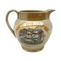  Victorian Sunderland orange lustre jug, of bulbous form, transfer printed with a study of the sailing ship 'Truelove from Hull' to one side and 'Norah Creina Steam-Yatch (sic)' to the other, with a verse entitled 'The Gift' under the lip H18cm  