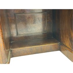 Victorian figured walnut kneehole desk, moulded rectangular top with inset leather writing surface, fitted with nine drawers, the central frieze drawer with carved curled foliage mount, on moulded plinth base,