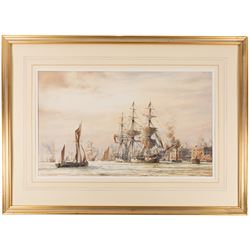 David C Bell (British 1950-): 'True Briton off Wapping c1867', watercolour signed, titled verso 38cm x 63cm
Notes: The True Briton was built in 1861 for R Wigram & Sons at the famous Blackwall Yard on the Thames. The third ship of that name, this wood-built passenger ship, 1046 tonnes and 195 feet in length, was the final development of the 'Blackwall' or more accurately 'frigate-built' ship, made famous by the Honourable East India Company, of which the Wigram and Greene Yards at Blackwall built so many. Seen here leaving Wapping for a passage to Australia the True Briton was last owned by John Smith of London and ended her days as a coal-hulk. 