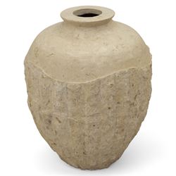 Two Mactan composite stone vases, of rounded tapering form with textured lower bodies and smooth necks

(Smaller vase H 64cm, W 45cm)