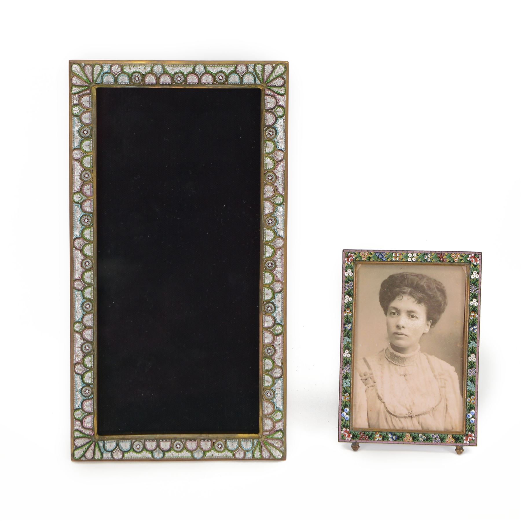 Micro mosaic picture frame of rectangular form, decorated with foliage and star pattern, together with micro mosaic frame decorate with flowers in a pink boarder, largest H22cm   