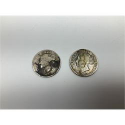 Queen Victoria 1875 and 1880 half crown coin, small number of pre 1947 Great British silver coins, three Queen Elizabeth II five pound coins, five two pounds, pre-decimal coins including pennies, brass threepence pieces etc