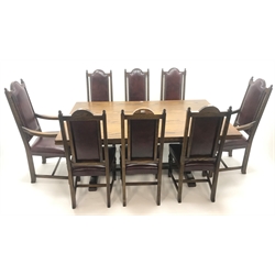  Old Charm oak drawer leaf dining table, carved cup and cover supports on shaped sledge feet joined by single stretcher (W275cm extended, 183cm closed, H76cm, D108cm) and set eight (6+2)  chairs, arched cresting rail with finials, studded leather back and seat, cup and cover supports joined by stretchers (W  
