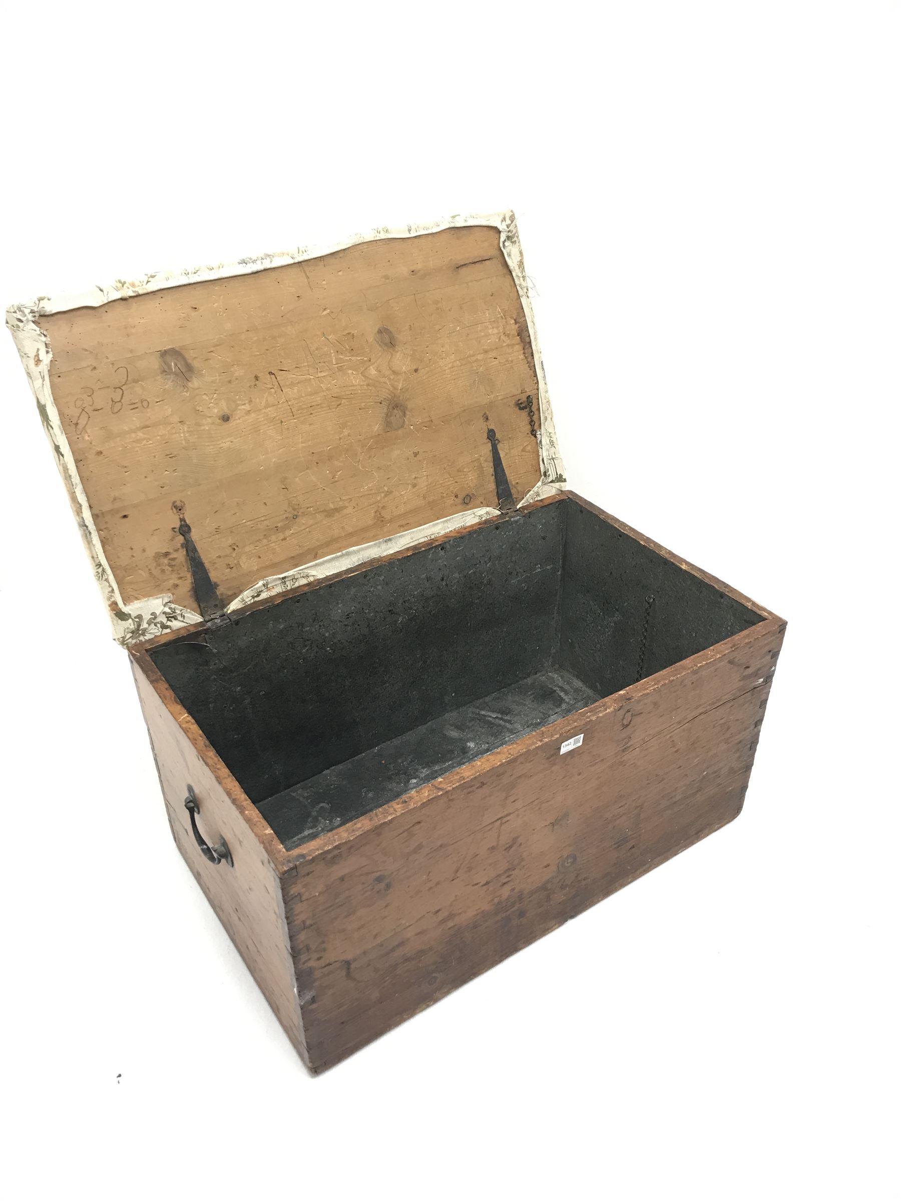 19th century pine blanket box, single hinged upholstered lid The