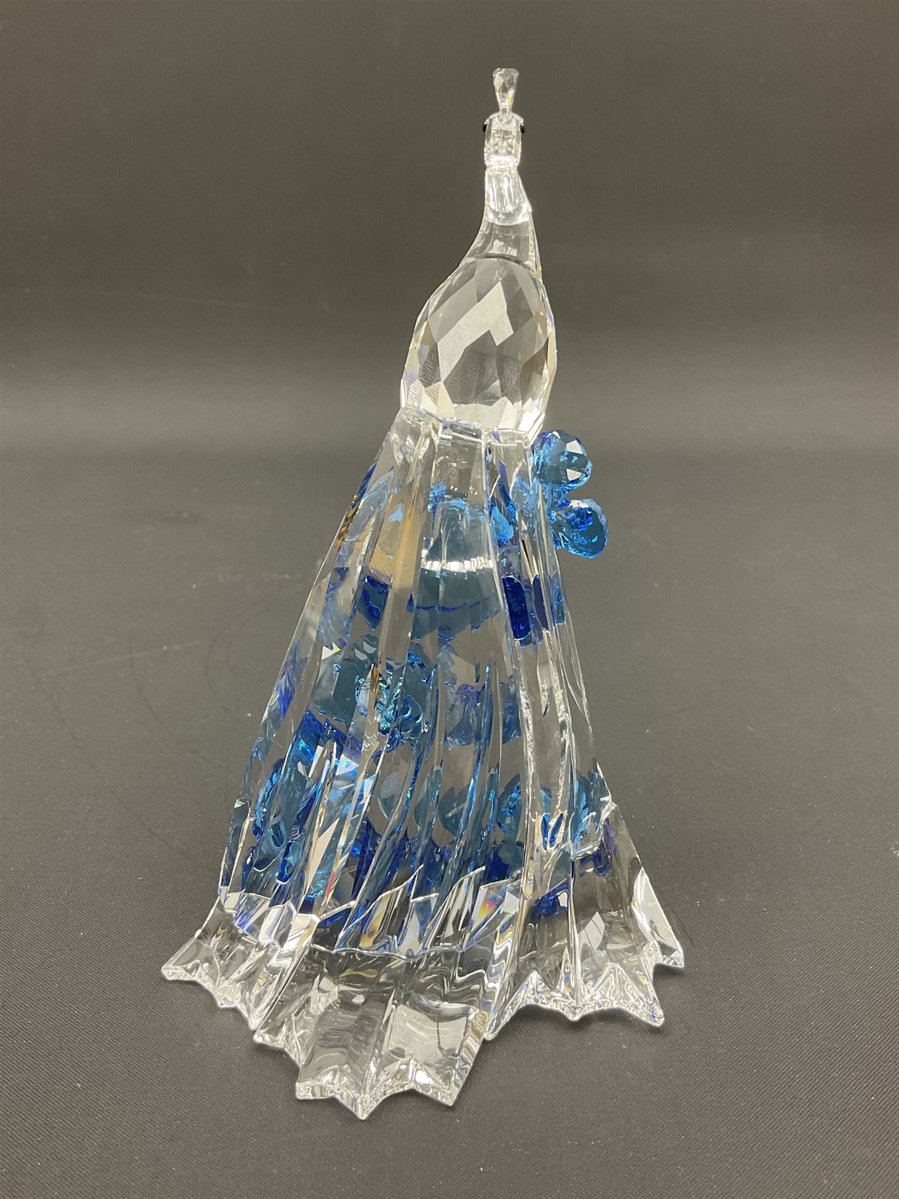 Swarovski Crystal animals, comprising white peacock, the tail with cascading blue flowers, perched eagle with yellow beak, ibex with frosted crystal horns and unicorn with frosted crystal horn, tallest H13cm