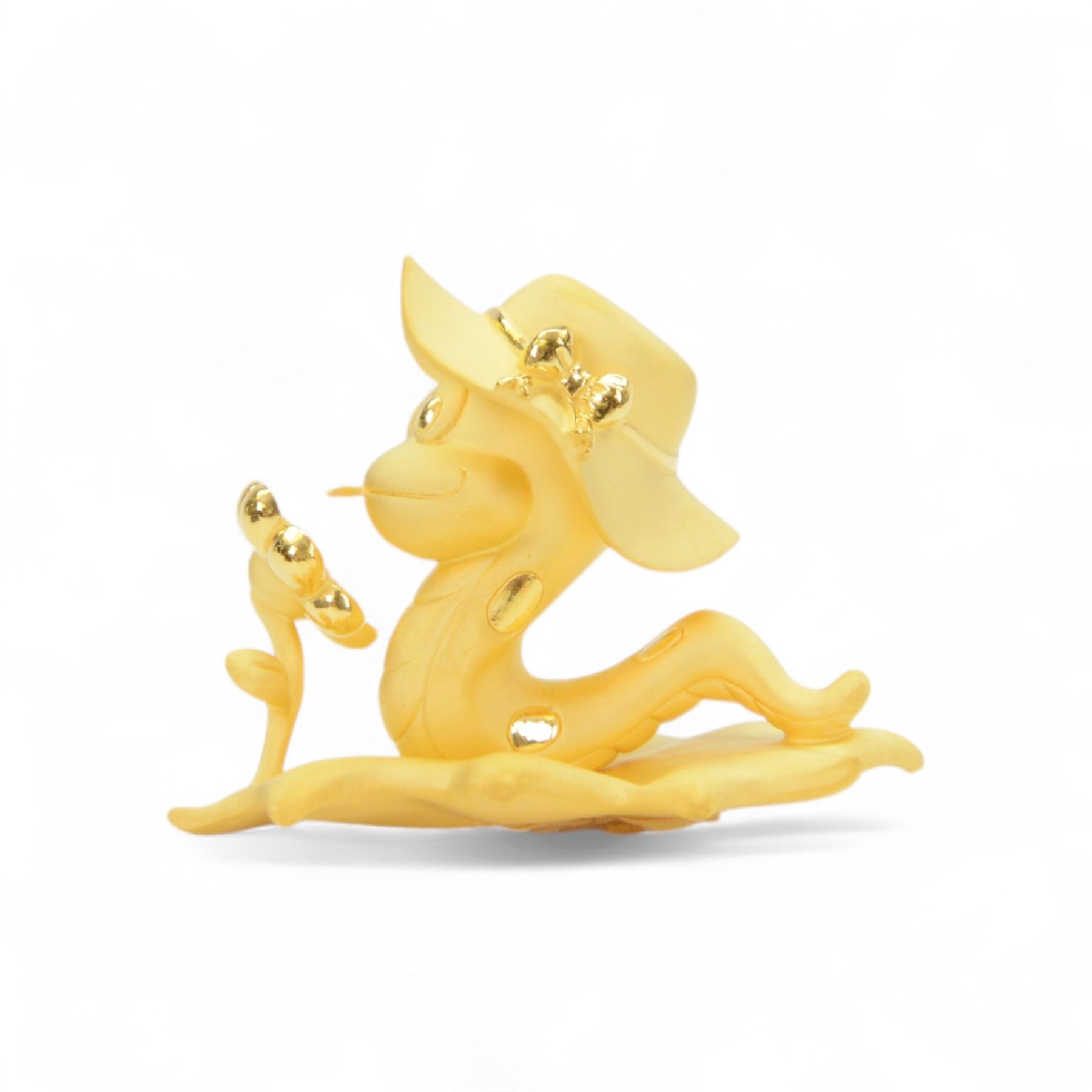 24ct gold model of a snake wearing a hat on a leaf with a sunflower, within a display case, with original box, retailed by Chow Tai Fook Jewellery, Hong Kong