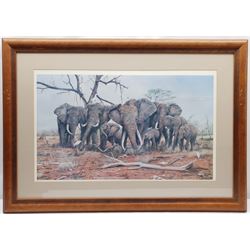 Michael Kitchen-Hurle (British 1941-): Rhinos and Elephants, three limited edition colour prints signed; John Trickett (British 1952-): Lions, two colour prints signed in pencil; together with two further African prints, max 42cm x 69cm (7)