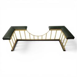 Regency design brass and green leather club fender, padded cushion corners