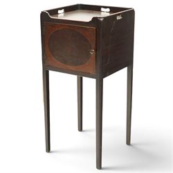 George III mahogany bedside pot cupboard, rectangular tray top with raised three-quarter gallery with pierced handles, fitted with single cross-banded cupboard, on square tapering supports