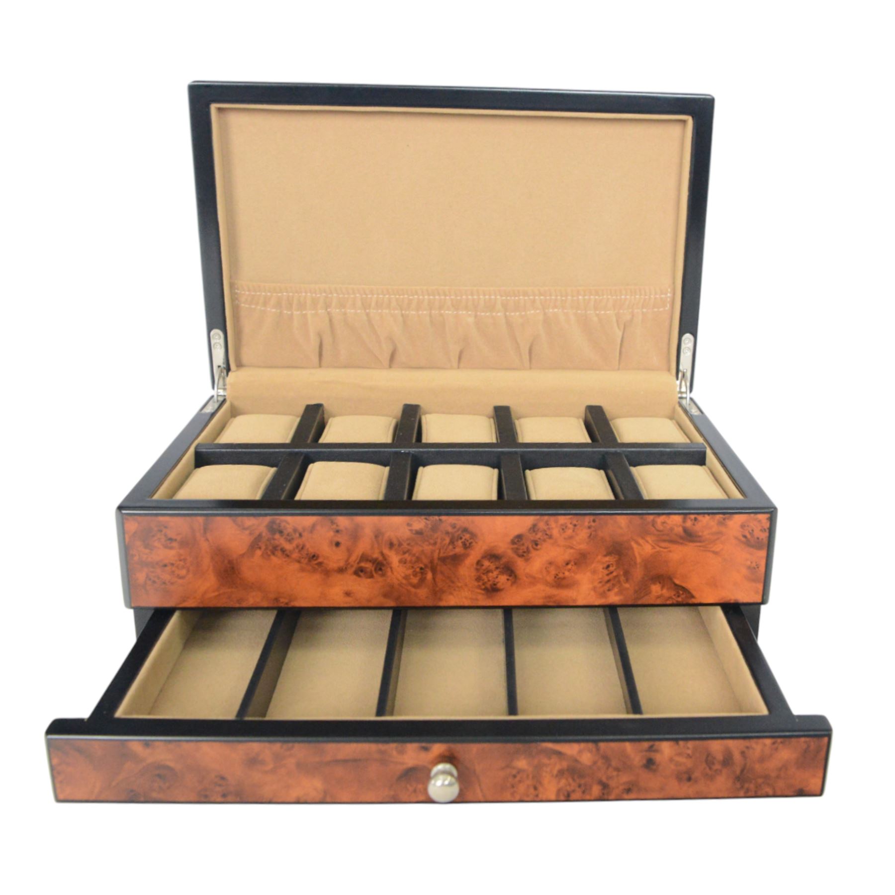 Birdseye maple humidor, together with watch organiser, the hinged lid opening to ten cushioned sections, with draw beneath  