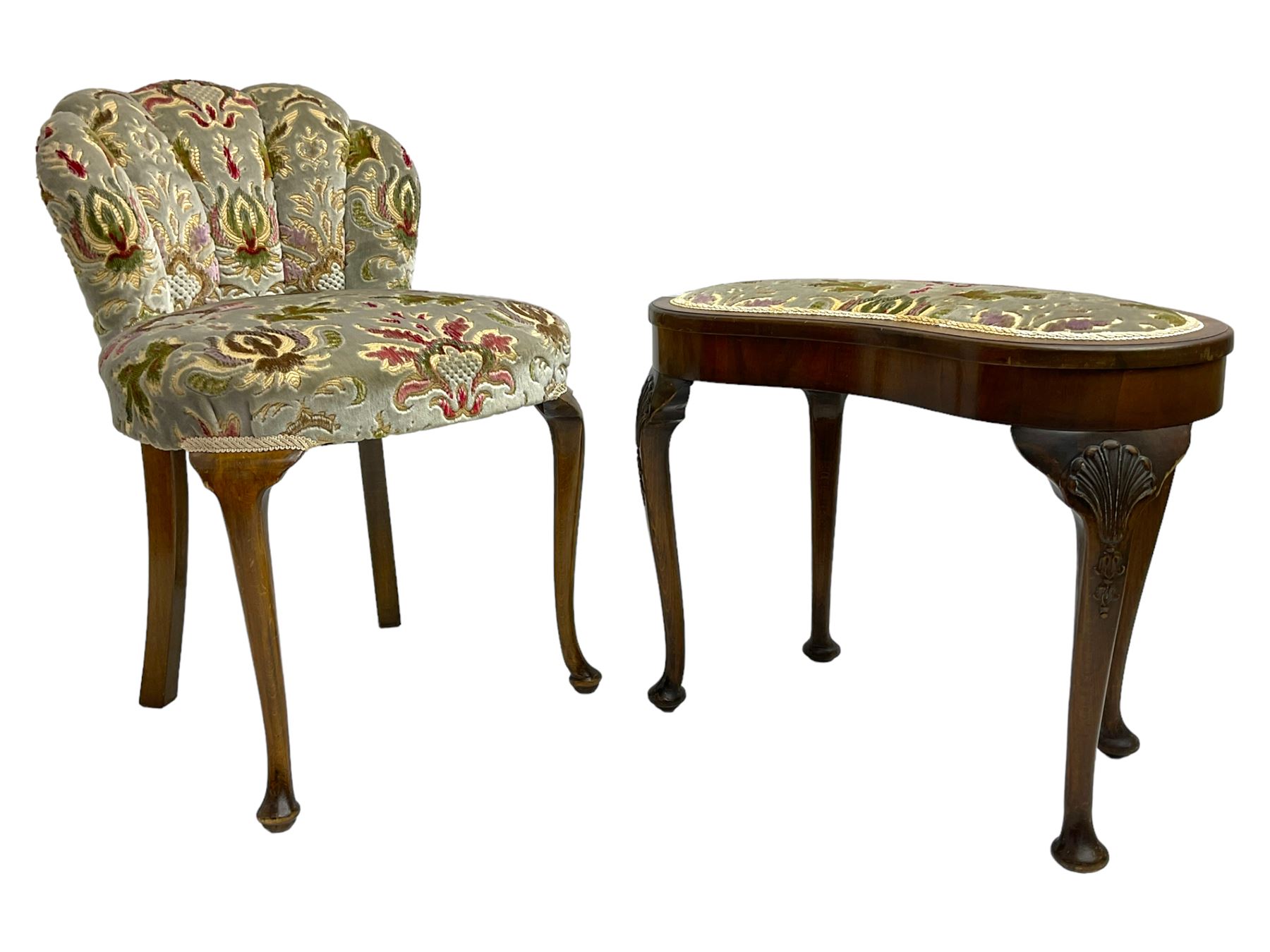 Edwardian beech dressing table chair, scallop back, upholstered in foliate patterned fabric with sprung seat, raised on cabriole supports (W50cm H73cm); and matching walnut and beech kidney shaped stool (W60 H49cm)
