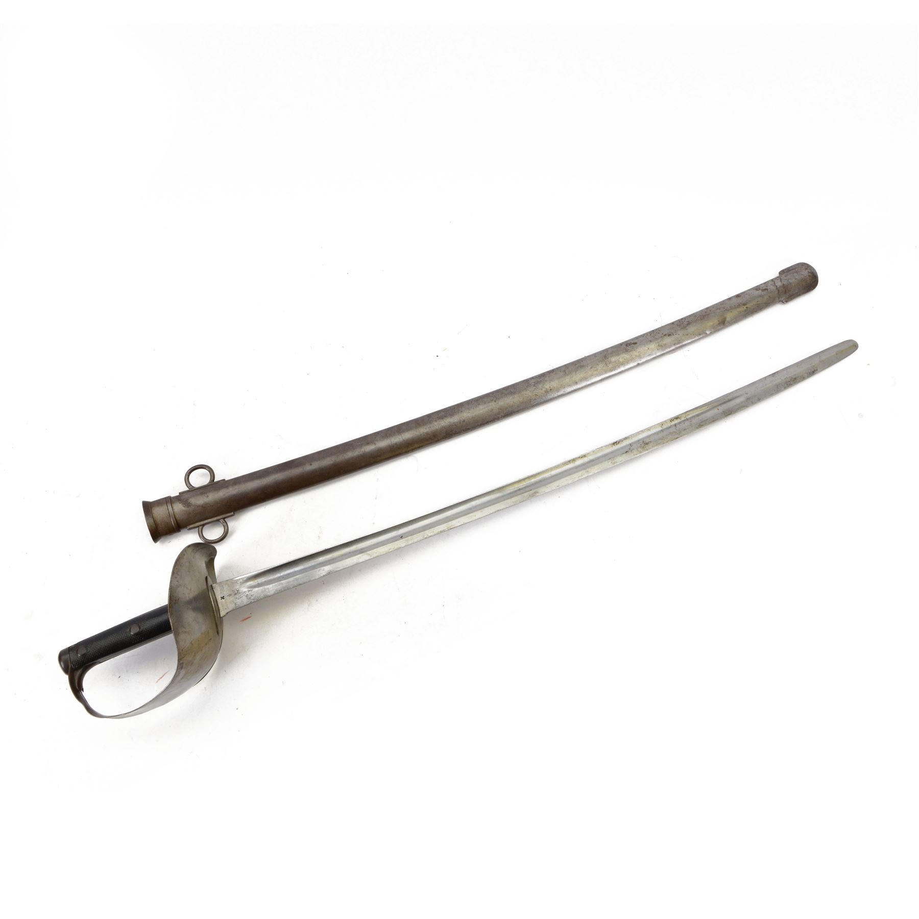 17th Lancers 1899 cavalry sword, with L83cm single-edged slightly curved blade, top of blade etched '30E 66/', broad sheet steel guard stamped '2/1901 17L 72' with black fish-skin grip, in steal scabbard, overall L100cm   

