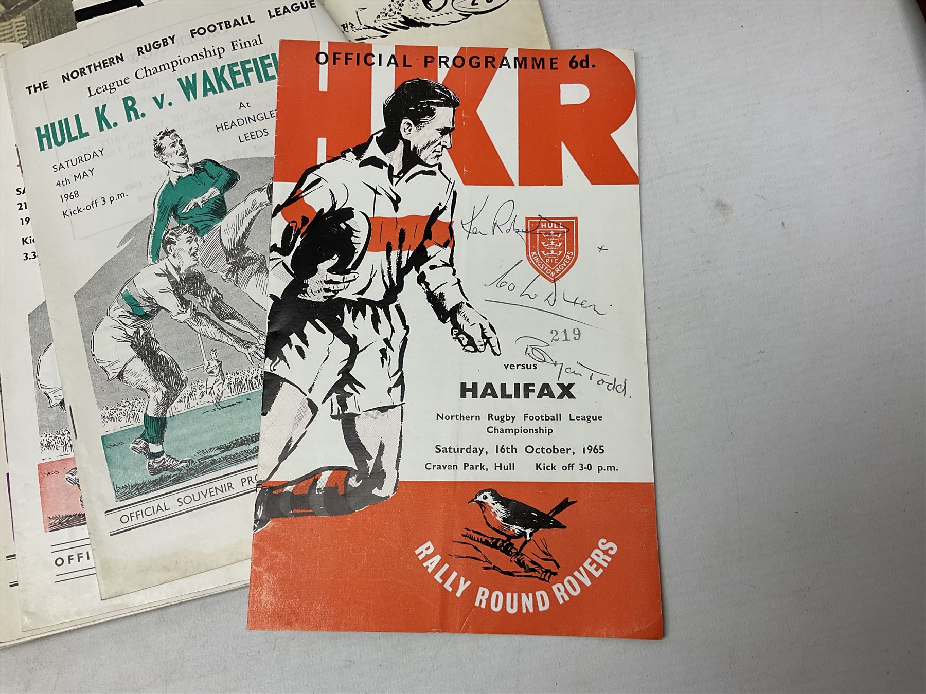 Rugby League - over thirty Hull Kingston Rovers match programmes 1950s/60s including home and away, various cup games, two 1969 single sheets and Last Match at Craven Park with ticket and club tie; five Challenge Cup Finals with tickets 1957-71 and 1962 signed by Eddie Waring; card mounted photograph of Barnsley United R.F.C. 1925/6; and other Rugby League ephemera