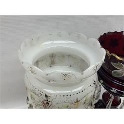 Bohemian red glass lustre, painted with stylised floral and foliate decoration, together with a milk glass example and two bohemian goblets converted to lustres 
