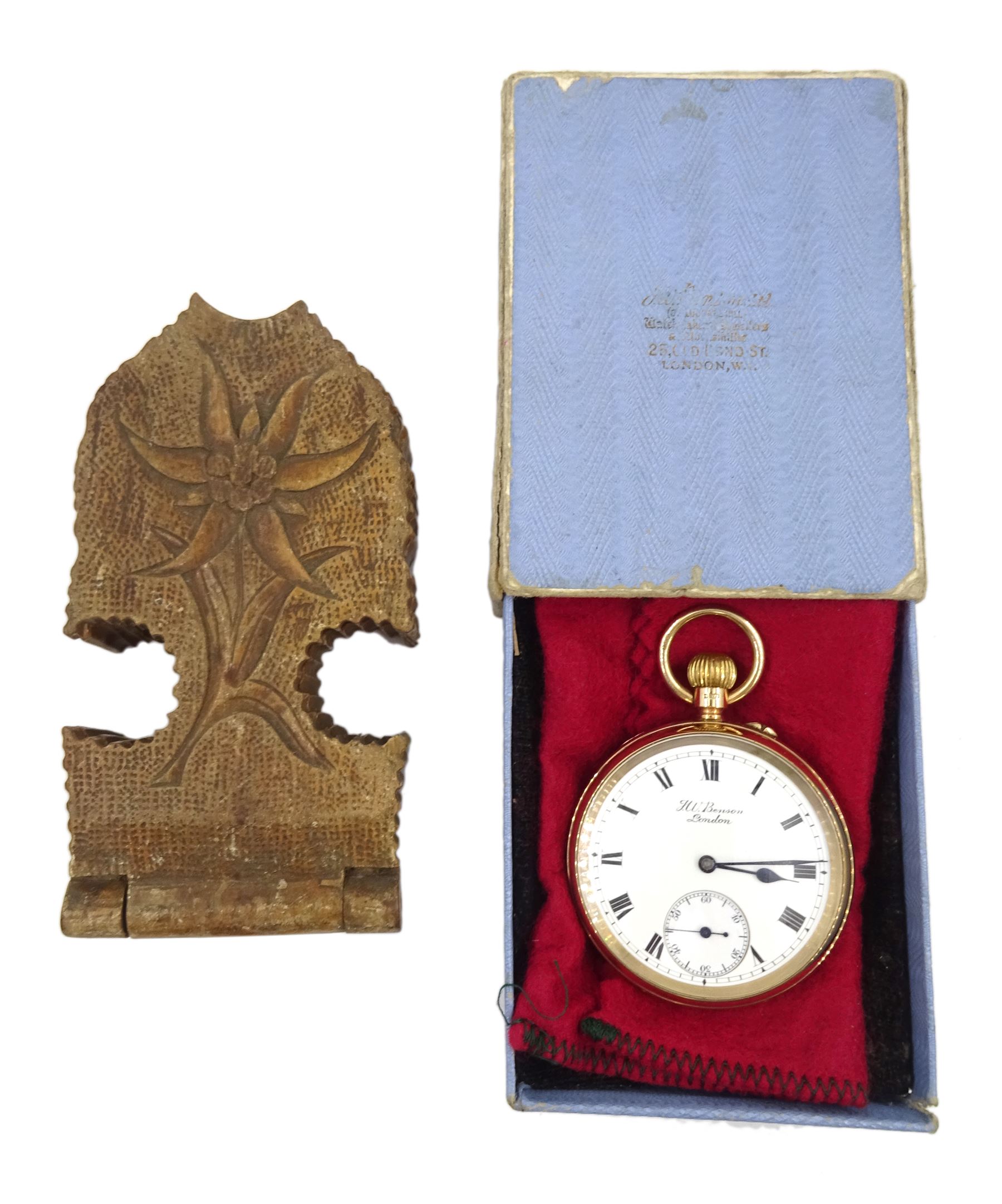 Early 20th century 9ct gold open face keyless lever 'The Bank' pocket watch by J.W.Benson, London, No. 5853, white enamel dial with Roman numerals and subsidiary seconds dial, London 1924, with original box and wooden stand