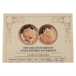 Queen Elizabeth II Gibraltar 2020 'The Greatest Briton' gold proof double sovereign coin, issued by The London Mint Office, cased with certificate