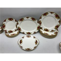 Royal Albert Old Country Roses pattern dinner service for eight, to include dinner plates, side plates, dessert plates, bowls, coffee cups and saucers, two twin handled covered tureens, meat dish, sauce boat and stand, six napkin rings etc (69)