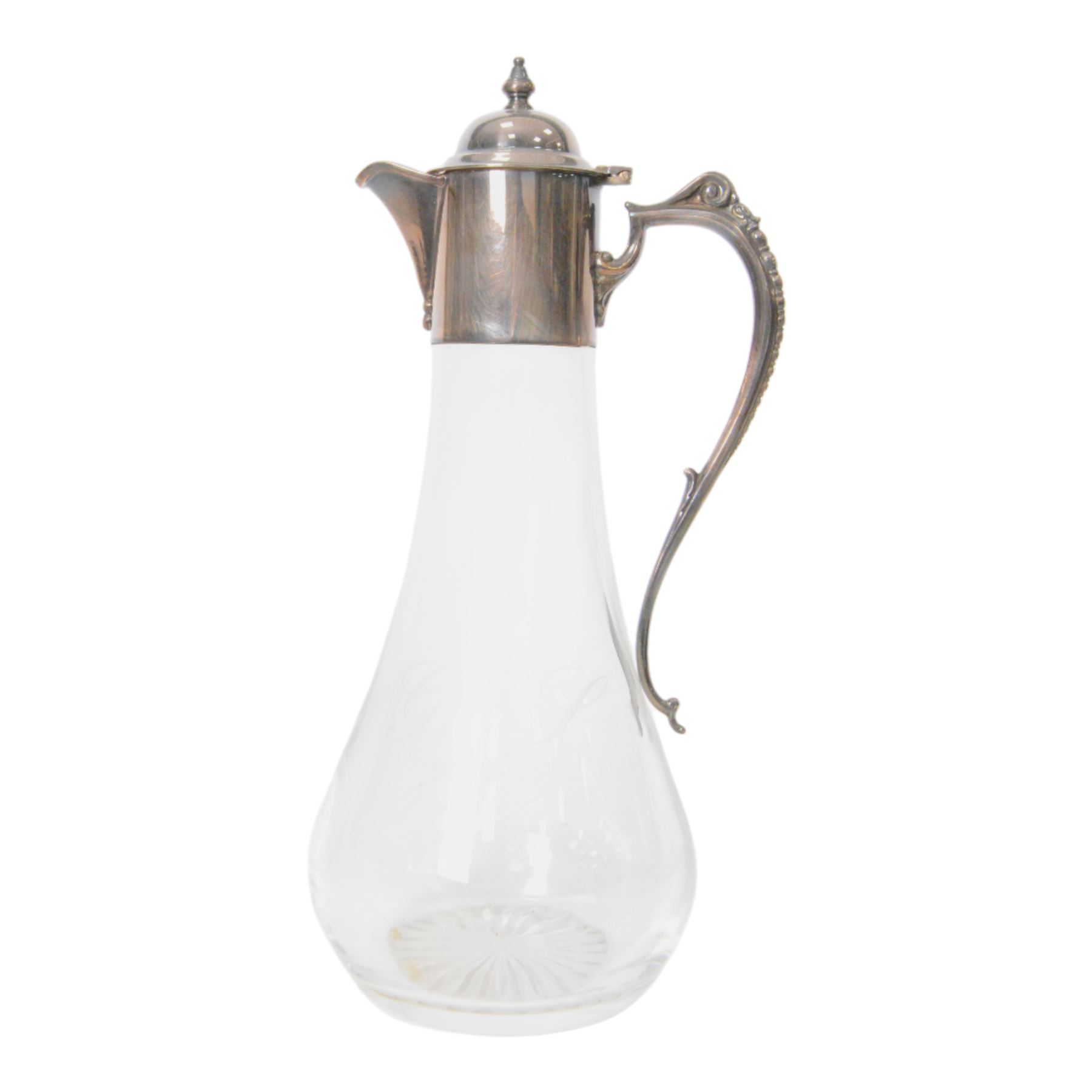 Silver mounted glass claret jug, with etched personalisation to body, hallmarked, H30cm