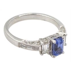 18ct white gold tanzanite and baguette diamond ring, with diamond set gallery and shoulders, tanzanite approx 0.60 carat