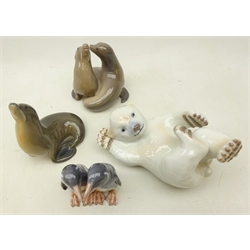  Four Royal Copenhagen animal models, Sea lion group 2519, another Sea lion 1441, Penguins 1190 and Polar Bear 537 (4)  