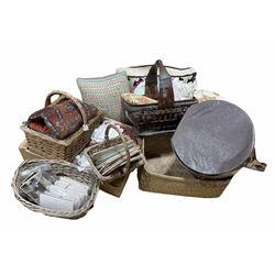 Wicker baskets, postcards, hat box with various hats, cushions, upholstered stools etc