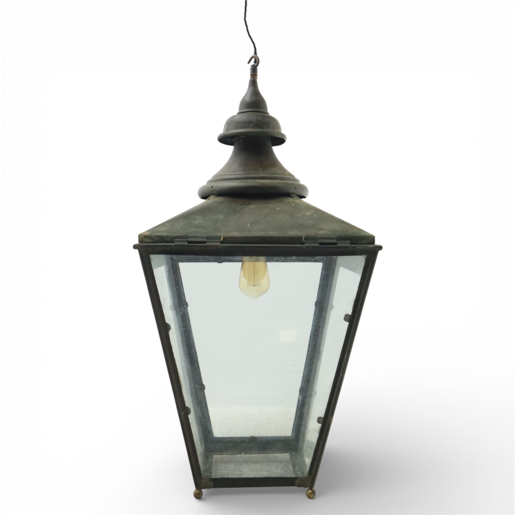 Victorian verdigris copper street lantern, now converted, of typical tapering form with four glazed panes, H84.5cm W43cm