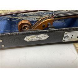 Two cased Skylark violins with bows, largest violin L59cm 