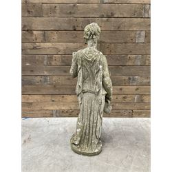 Pair of cast stone garden dogs and 2 female figures,