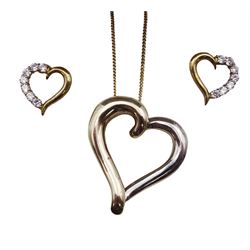 Pair of 9ct gold stone set heart stud earrings, stamped 9ct and a silver-gilt two tone heart pendant necklace, stamped 925 