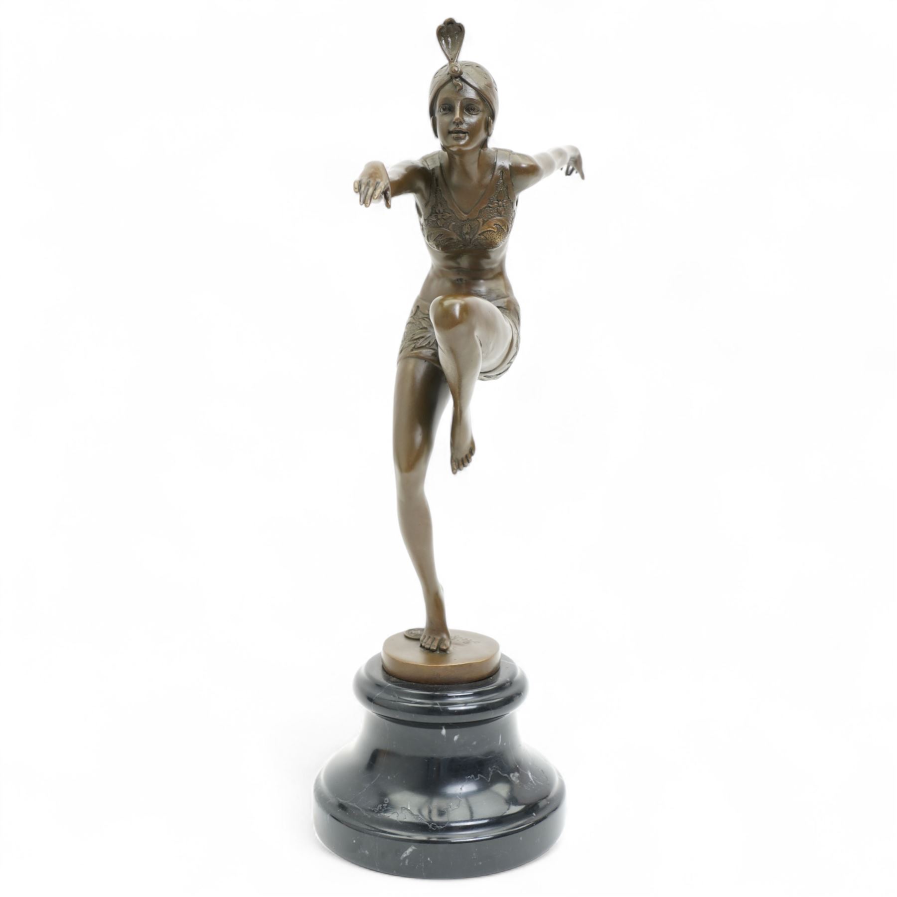After Ferdinand Preiss (German 1882-1943): 'Con Brio', bronze figure bearing signature and with foundry mark, on black veined marble base, H38cm 