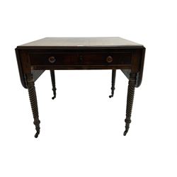 Early 19th century mahogany centre table, moulded rectangular drop leaf top with rosewood banding, fitted with deep single frieze drawer, on rope twist supports with brass cups and castors