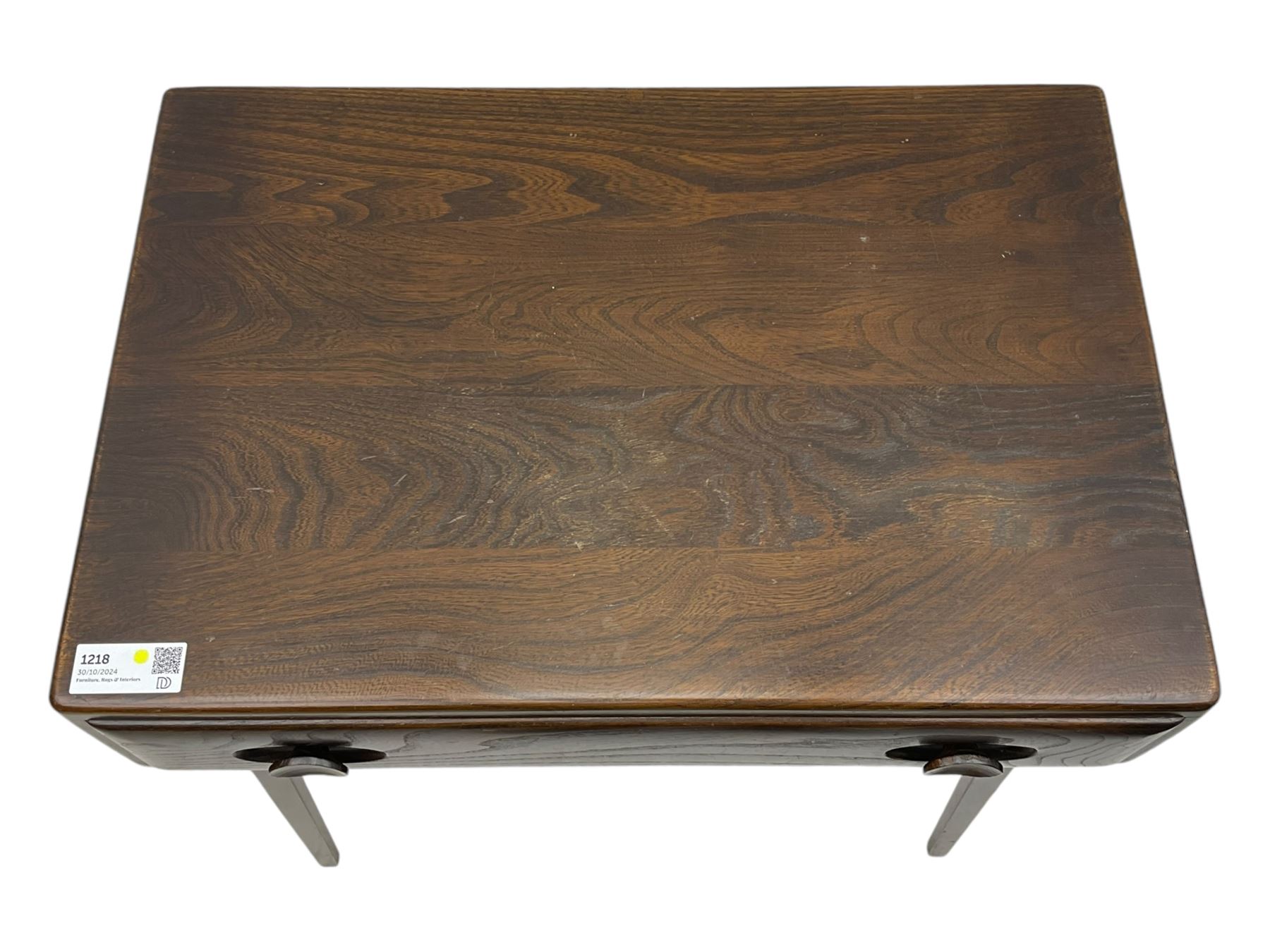 Ercol - dark elm console table, fitted with single drawer, on square tapering supports 